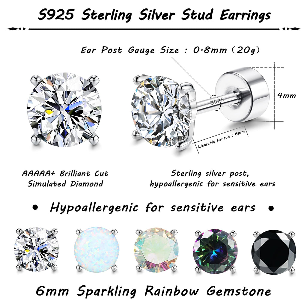 MILACOLATO 5 Pairs 925 Sterling Silver Stud Earrings for Women 6MM CZ