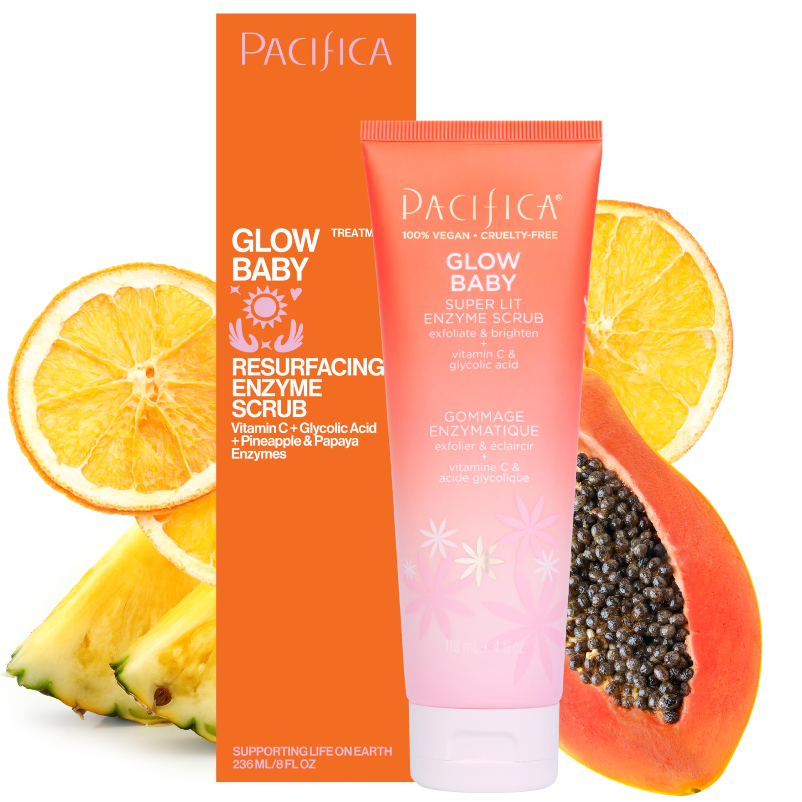 Pacifica Glow Baby Exfoliating Face Scrub, Brightening Enzyme Facial Cleanser w/ Vitamin C & Glycolic Acid for Radiant Smooth Skin, Unclogs Pores & Removes Dead Skin, Microbead-Free Vegan (4 fl oz)