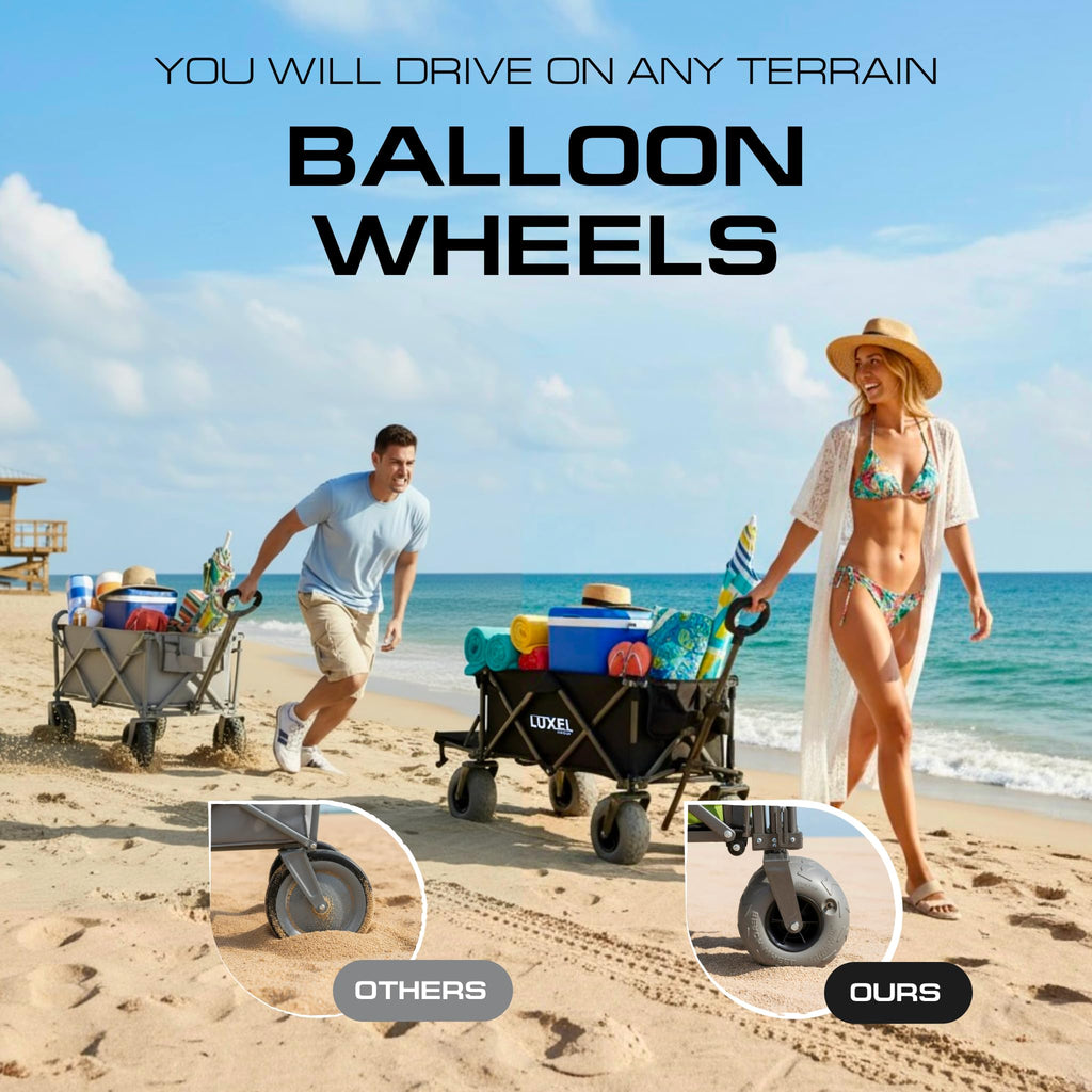 Beach Wagon with Big Wheels for Sand 9" PU Tires Collapsible Wagon, Black