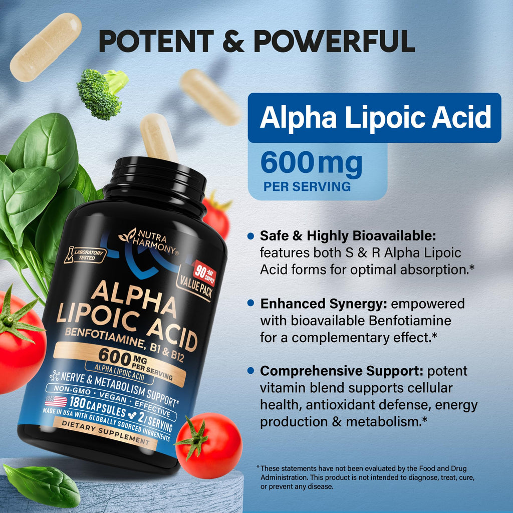 Alpha Lipoic Acid 600mg - ALA Supplement Antioxidant for Nerve, Energy & Metabolism Support - Extra Strength with Benfotiamine, B1 & B12 - Lab Tested, NON-GMO & Vegan - 180 Capsules, 3 Month Supply