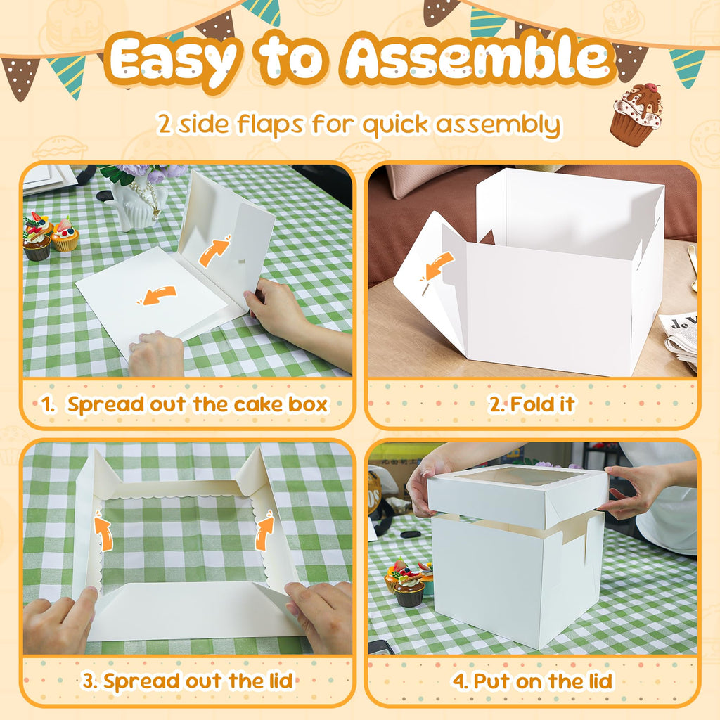 RYDDOY 3 Pack Cake Boxes with Board, 10x10x8 In Tall Cake Box with Window