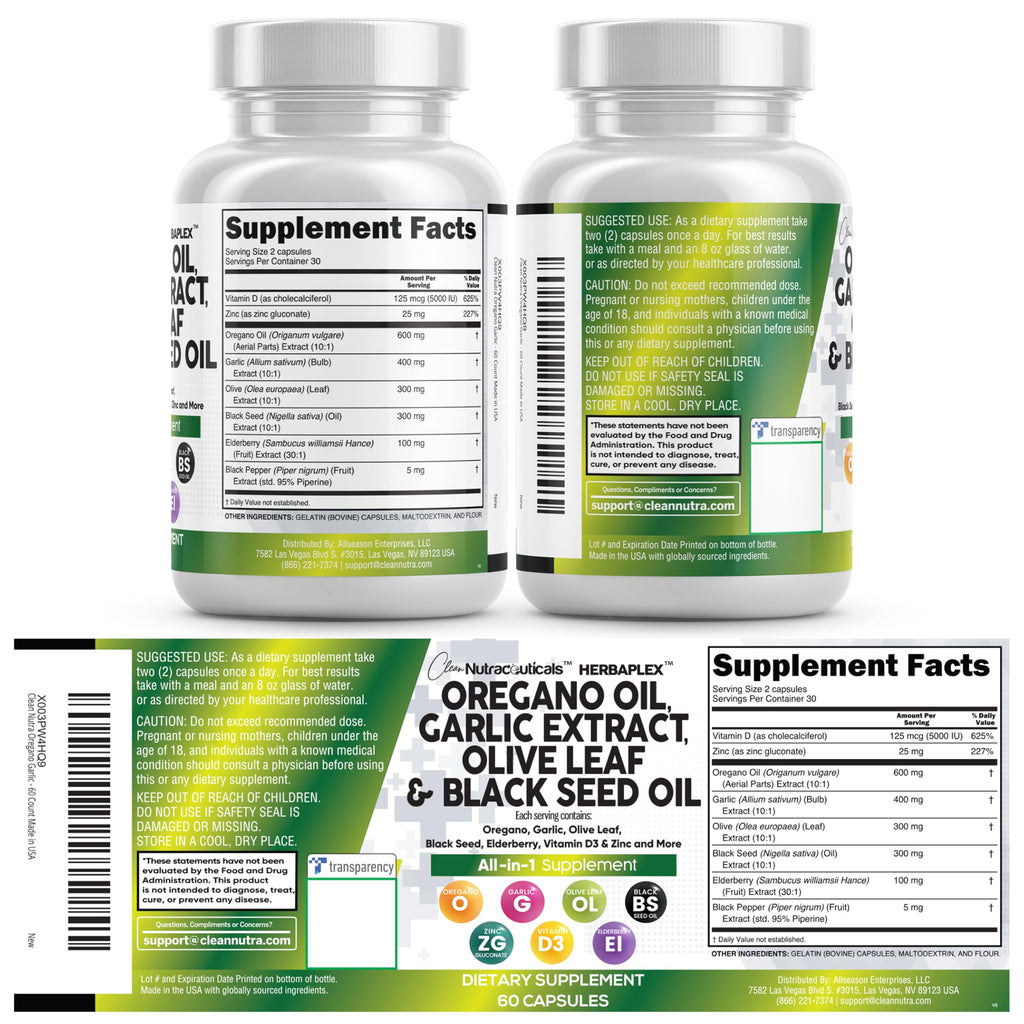 Clean Nutra Oregano Oil with Black Seed Oil Garlic Olive Leaf Extract - Oil of Oregano Capsules Immune Support Carvacrol & Thymoquinone Supplement for Women and Men + Elderberry Vitamin D3 & Zinc