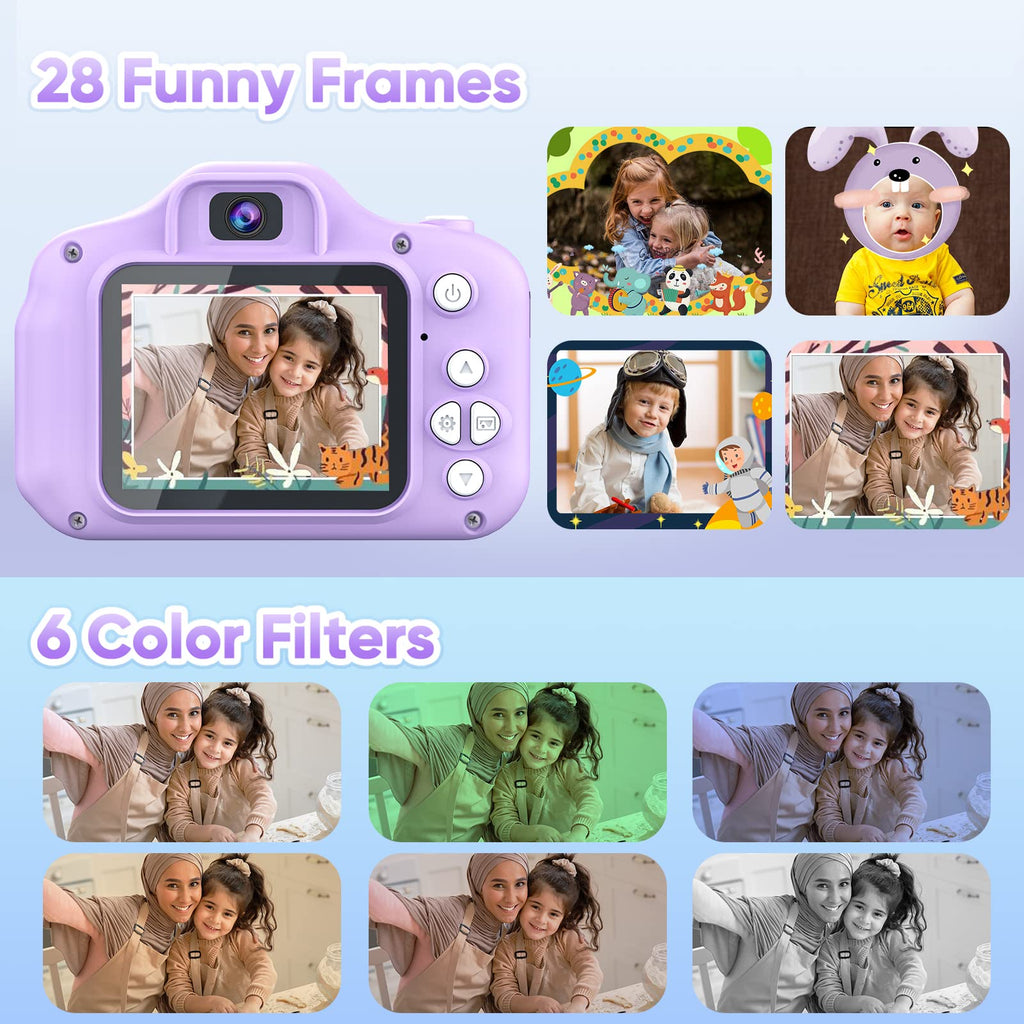 Seckton Upgrade Kids Selfie Camera, Christmas Birthday Gifts for Girls Age 3-9, HD Digital Video Cameras for Toddler, Portable Toy for 3 4 5 6 7 8 Year Old Girl with SD Card-Purple White