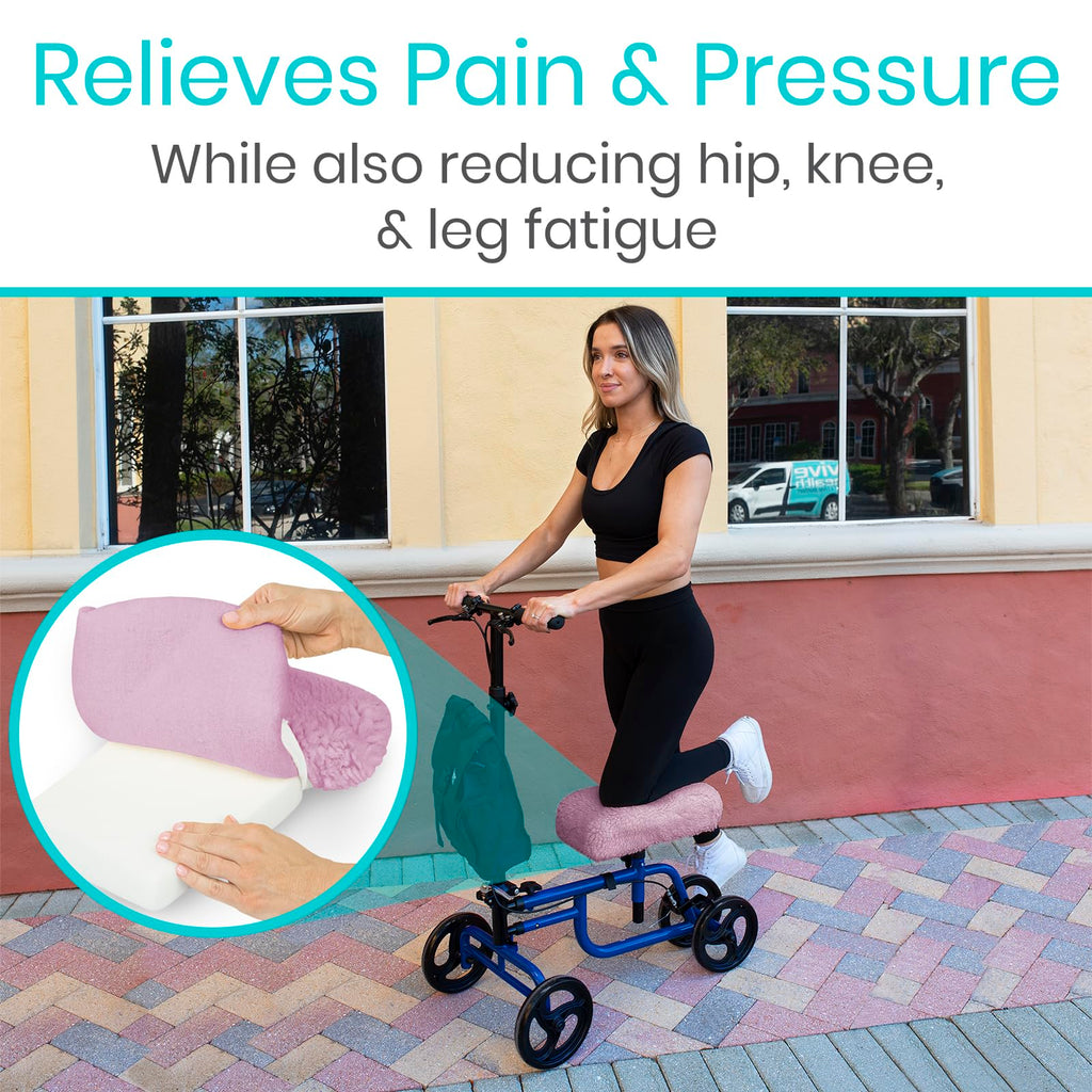Vive Mobility Knee Scooter Pad Cover - Soft Plush Adult Sheepskin Memory Foam Cushion, Walker Accessory for Knee Roller, Padded Accessories Leg Cart Improves Comfort with Injury, Universal Fit (Pink)