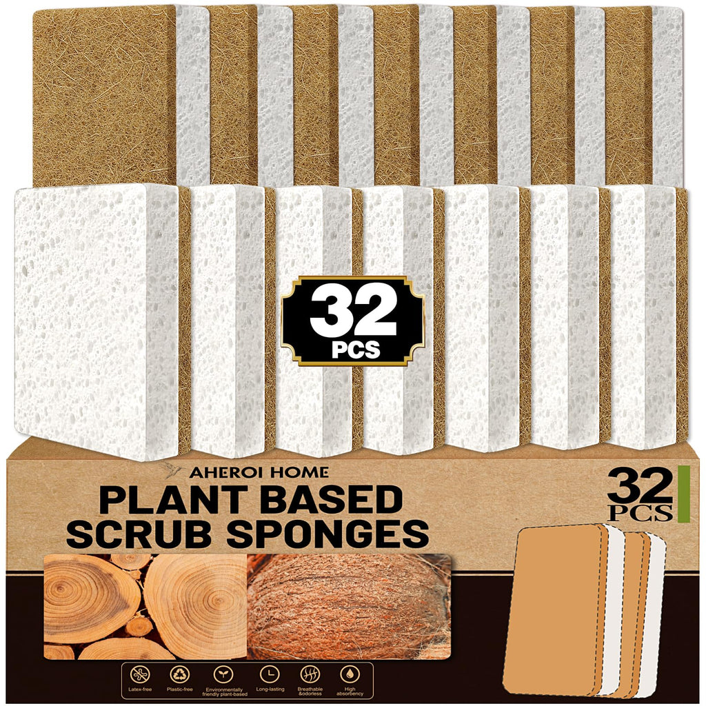 Aheroi Natural Dish Sponge, 32 Count FSC Certified Plant-Based Biodegradable Compostable Kitchen Sponges for Dishes Bulk, Organic Eco Friendly Cleaning Sponge for Bathroom, Household, Non Scratch