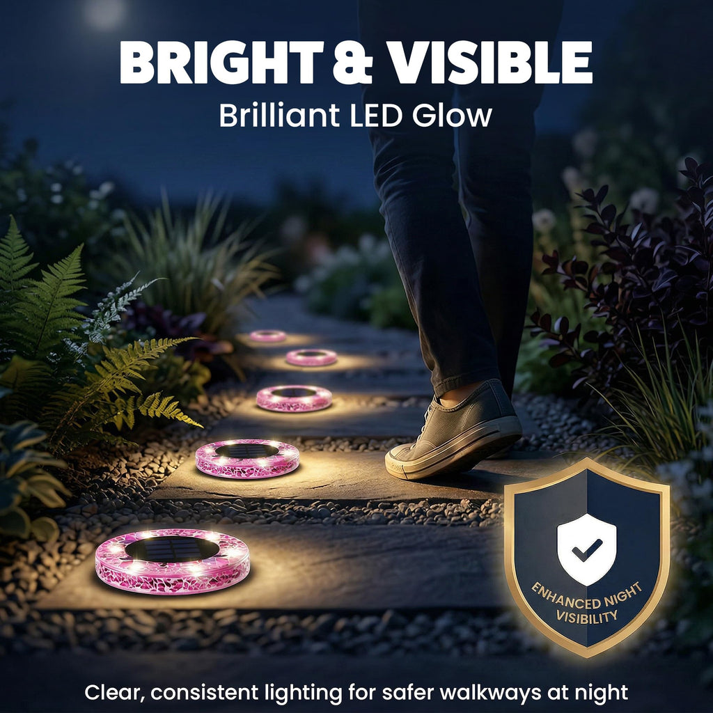 Bell+Howell 4 Pk Mosaic LED Solar Lights Outdoor Disk Pathway Lights for Landscape, Yard, Driveway, Patio, Walkway Path, Dusk to Dawn Sensors - Rose Pink