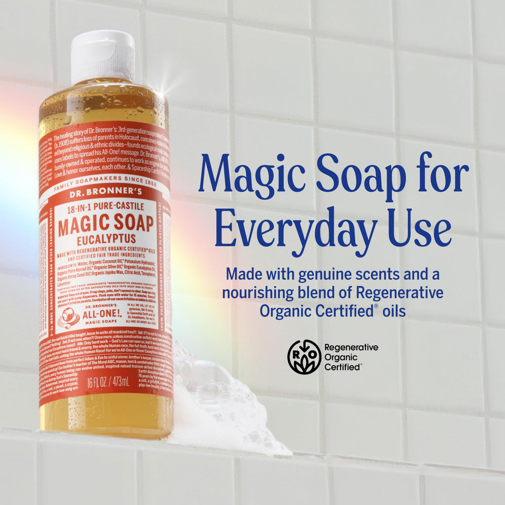 Dr. Bronner's Magic Soap - Pure-Castile Liquid Soap (Eucalyptus, 16 ounce, 2-Pack) -Regenerative Organic Certified Oils, 18-in-1 Uses: Body, Hair, Laundry, Pets & Dishes, Concentrated, Vegan, Non-GMO