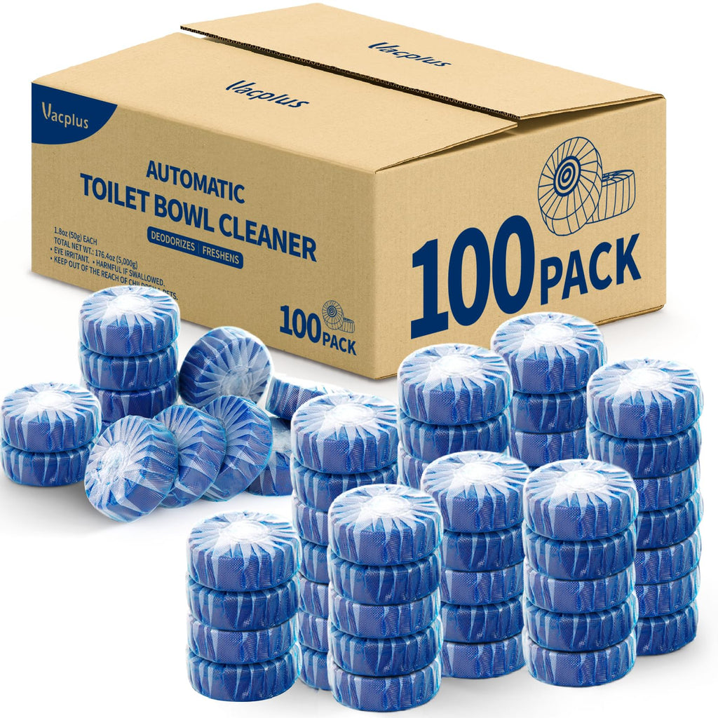 Vacplus Automatic Toilet Bowl Cleaner Tablets, Drop-In Tank Cleaner for Bathroom, Prevent Stains & Deodorize, Long-Lasting Cleaning Tabs, Easy-Use Freshener for Bowl & Tank, 100 Pack