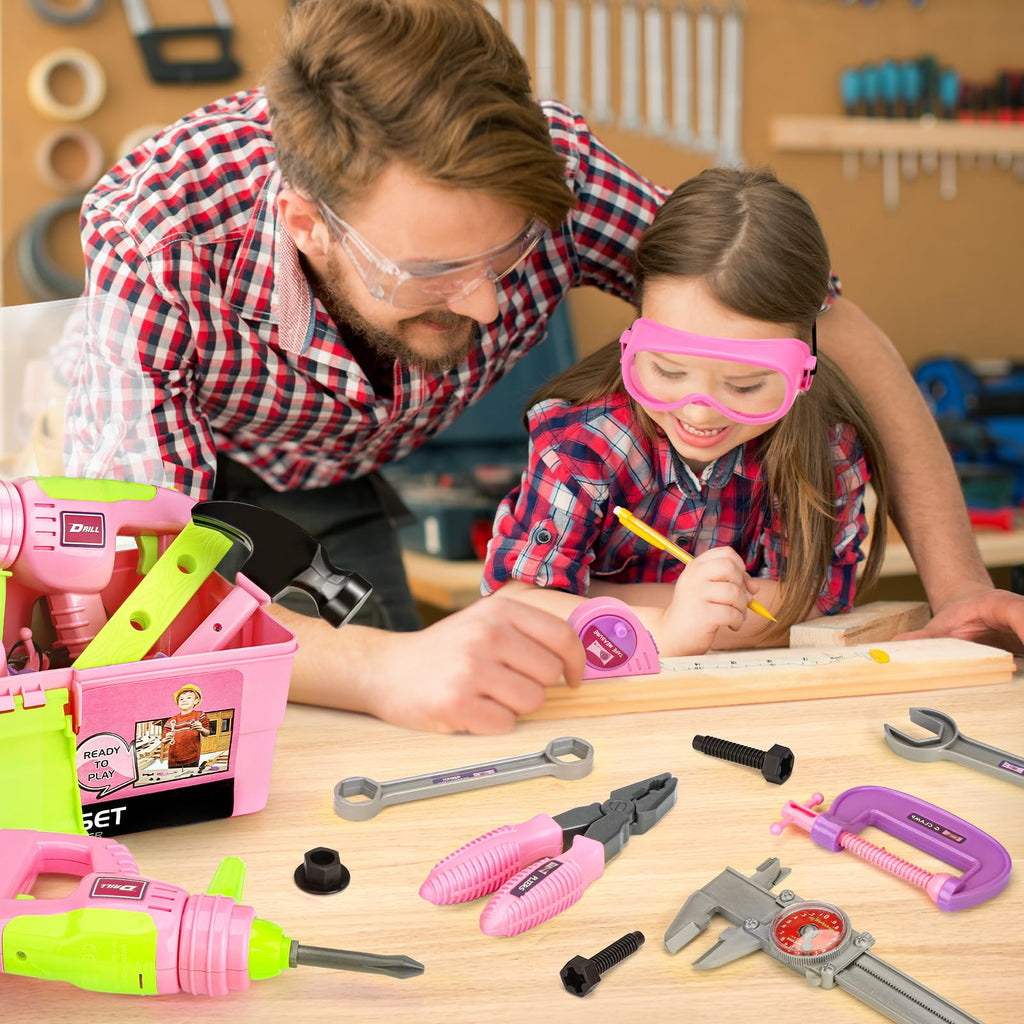 Deejoy Pink Kids Tool Set for Girls-Toddler Tool Set with Electronic Toy Drill & Tool Box, STEM Pretend Play Construction Toys with Costume Vest, Educational Gifts for Age 3 4 5 6 7 Year Old