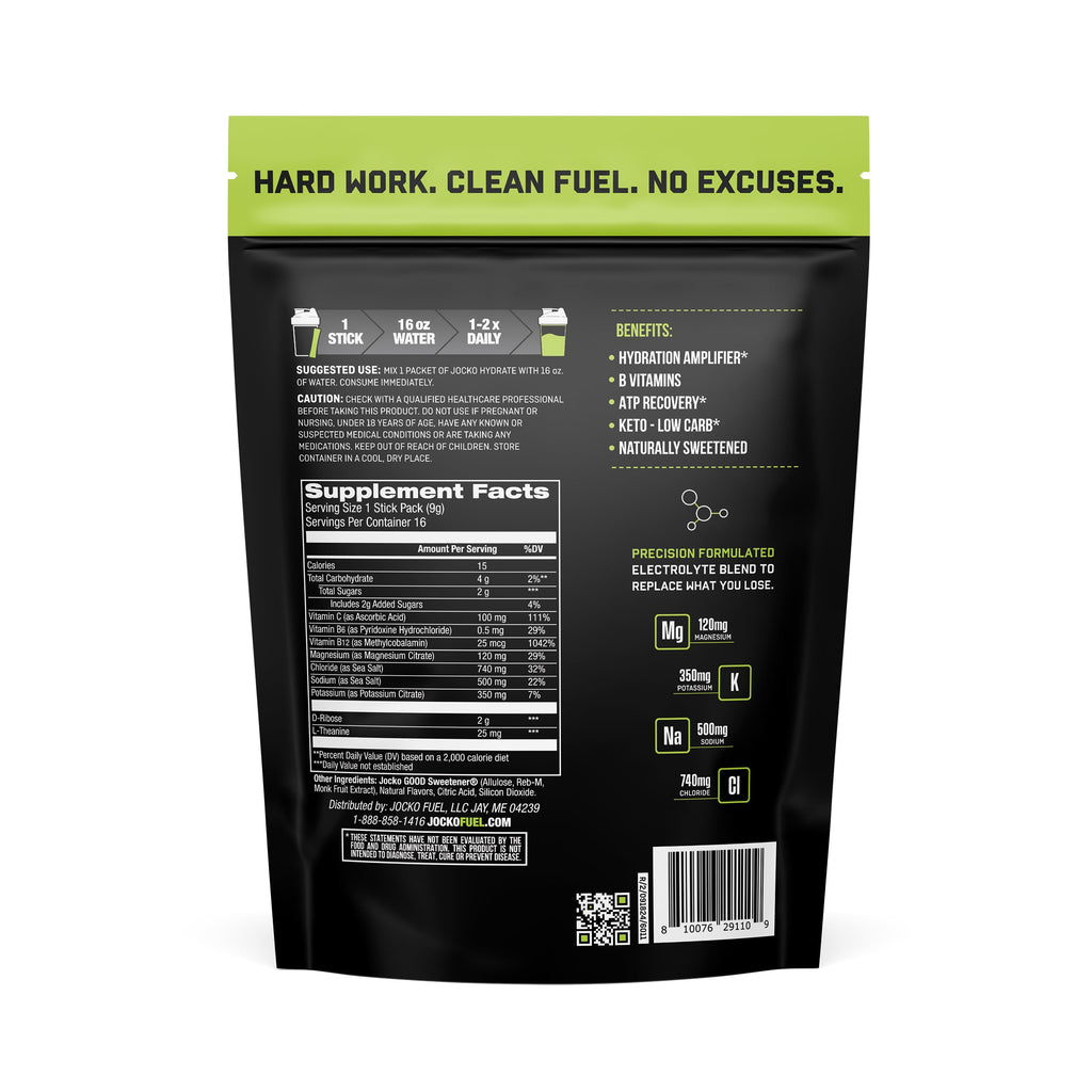 Jocko Fuel Hydrate Electrolytes Powder Packets Low Sugar - Hydration Amplifier Packets for Recovery, Dehydration, & Exercise - with Vitamins B6, B12 & C (16 Packets) Lemon Lime