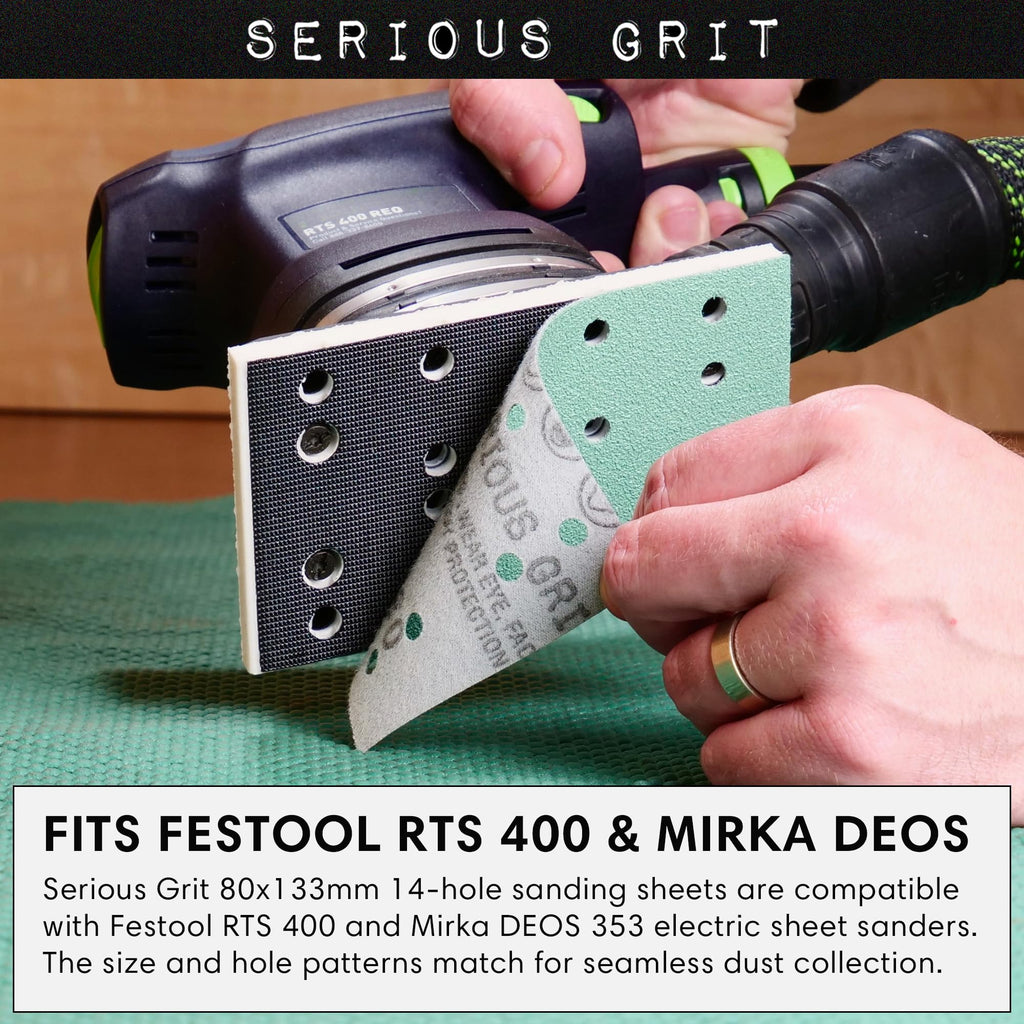 Serious Grit - 3" x 5" (80mm x 133mm) 14-Hole 220 Grit Sanding Sheets - Fits Festool RTS 400 & Mirka Deos 353 - Heavy-Duty Hook & Loop Film Abrasives - Sandpaper for Sheet Sanders - 50 Pack Box