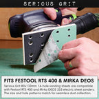 Serious Grit - 3" x 5" (80mm x 133mm) 14-Hole 220 Grit Sanding Sheets - Fits Festool RTS 400 & Mirka Deos 353 - Heavy-Duty Hook & Loop Film Abrasives - Sandpaper for Sheet Sanders - 50 Pack Box