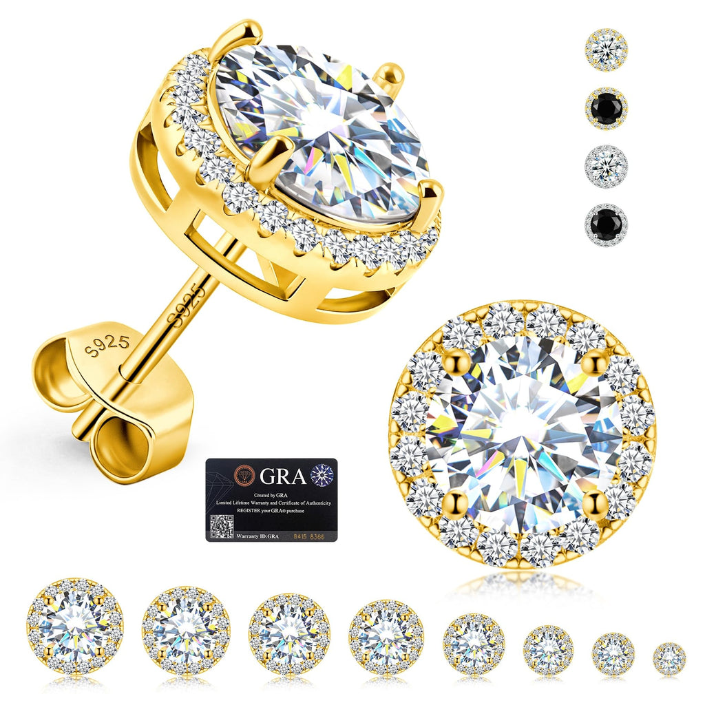 Delzzad Moissanite Earrings for Men, Solid S925 Sterling Silver and 18K Golden Plated Halo Stud Earrings for Women Valentine's Day Mother's Day - D Color VVS1 Hypoallergenic Dainty Moissanite Jewelry for Sensitive Ear, 6.5mm(1ct*2)