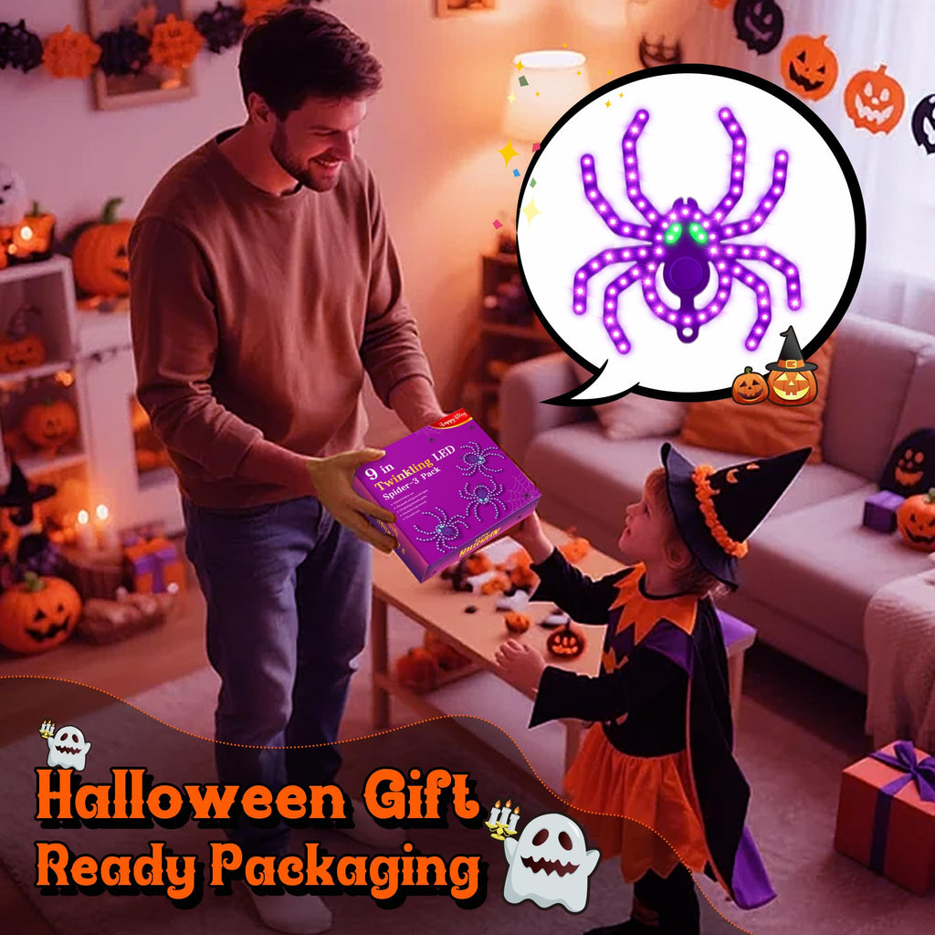 HappyAlley 3 Pack 9" Halloween Classics Twinkling LED Spiders, Hi-Vibrant Aluminum Frame Spiders Window Silhouette Lights, 234 Purple and 12 Green LED Lights, Holiday Indoor Outdoor Decoration