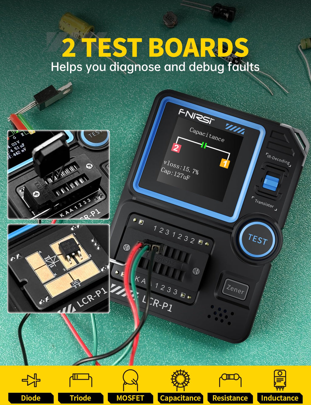 FNIRSI LCR-P1 Transistor Tester, Mosfet Transistor Capacitor Tester, SMD Electronic Component Tester, Diode Triode Zener Diode Resistance Inductance Battery Test LCR Meter MOS PNP NPN ESR Meter