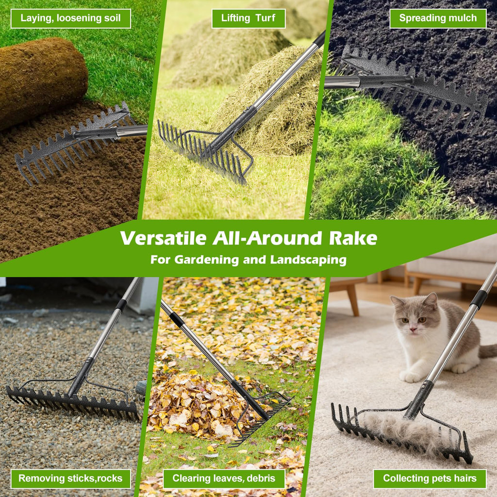 4FT Bow Rake,Heavy Duty Metal Garden Rake for Moving Gravel Loosening Soil Leveling Ground Gathering Leaf Debris Spreading Mulch, 17 Tines,Adjustable Handle, for Lawn Garden Farm Landscape Work
