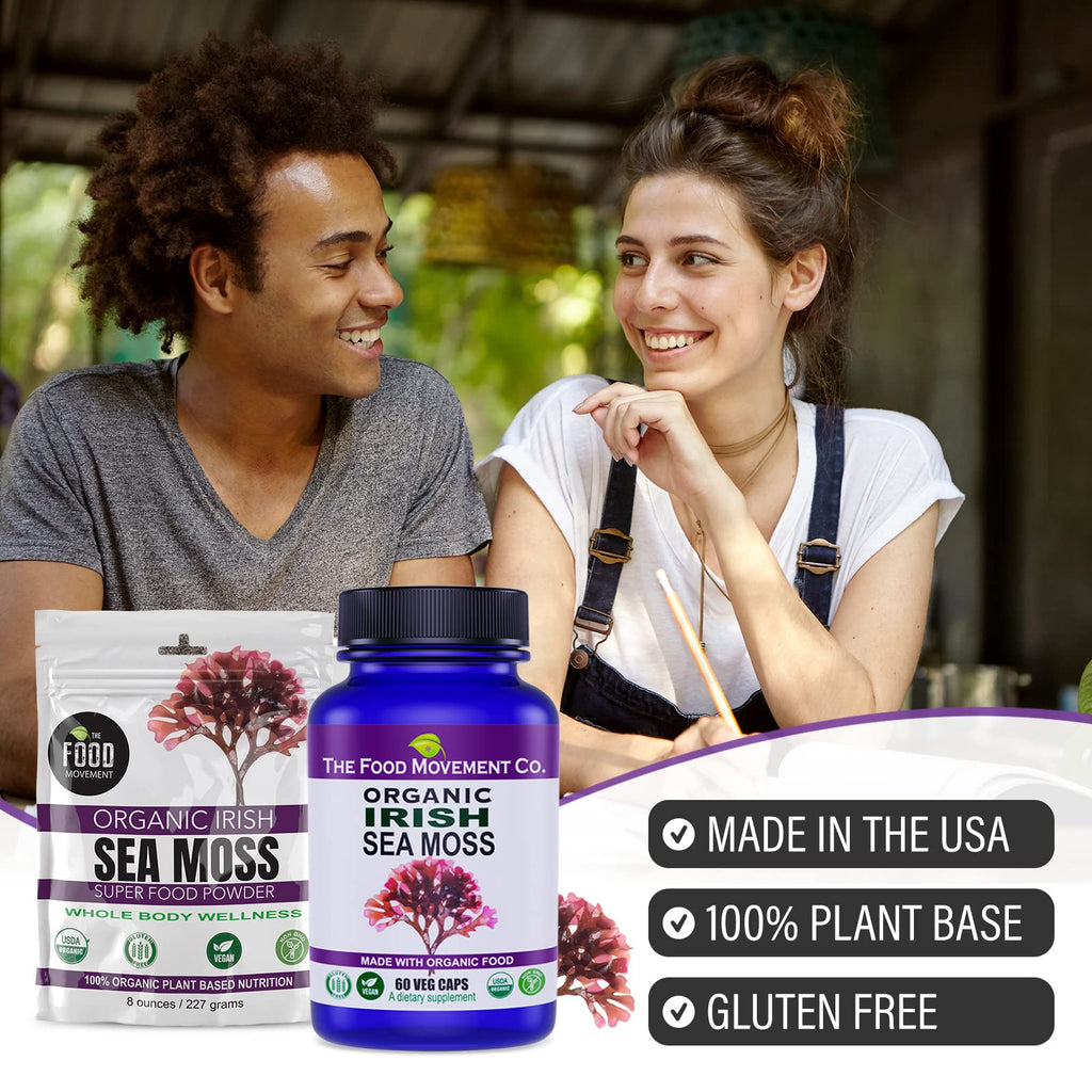 The Food Movement Co. Organic Raw Irish Sea Moss Powder - Mineral Dense Superfood for Cellular Health, Thyroid and Immune Support, Detox - Vegan and Kosher Algae Trace Minerals
