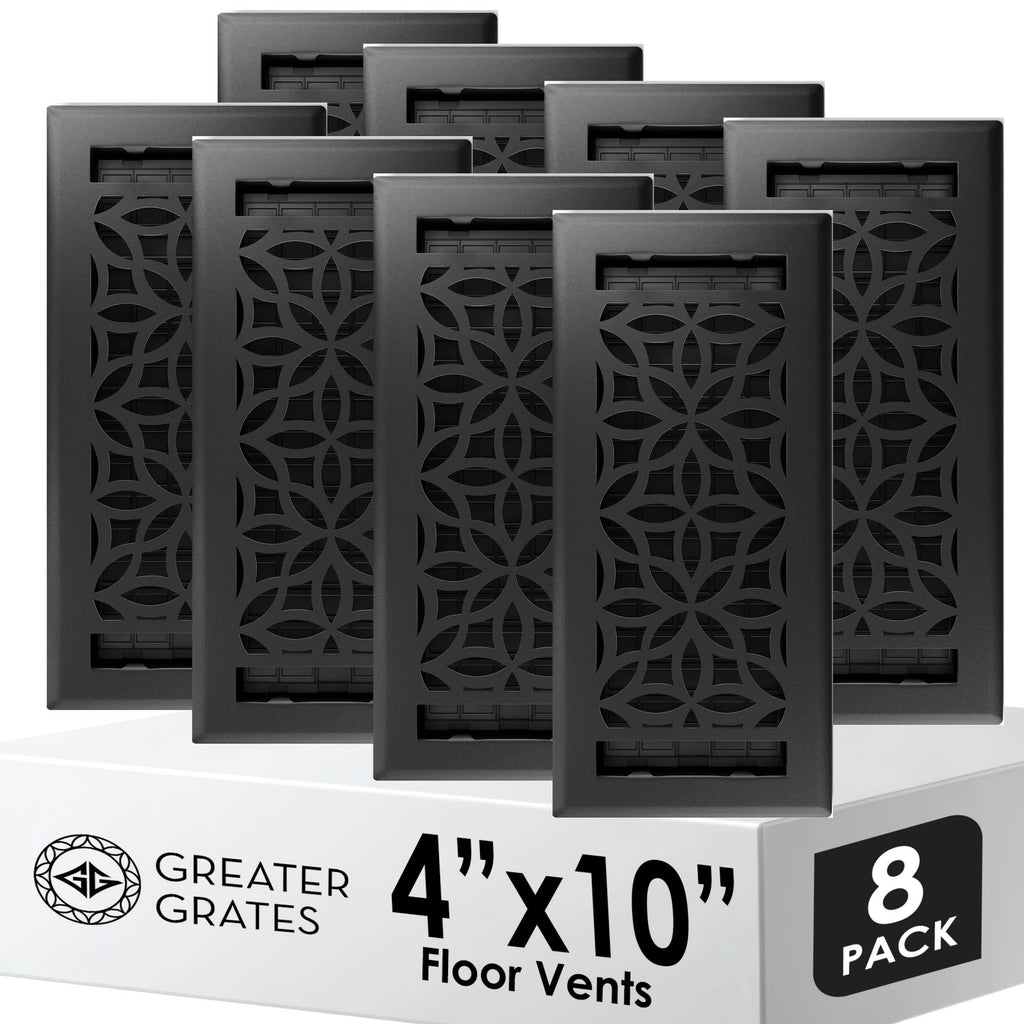 Floor Vent Covers – 4x10 Floor Register – 8 Pack – Heavy-Duty Steel, Rustproof & Walkable Grates, Drop-in Install, Adjustable Airflow – Decorative Floral Design, Textured Black
