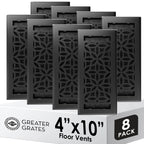 Floor Vent Covers – 4x10 Floor Register – 8 Pack – Heavy-Duty Steel, Rustproof & Walkable Grates, Drop-in Install, Adjustable Airflow – Decorative Floral Design, Textured Black