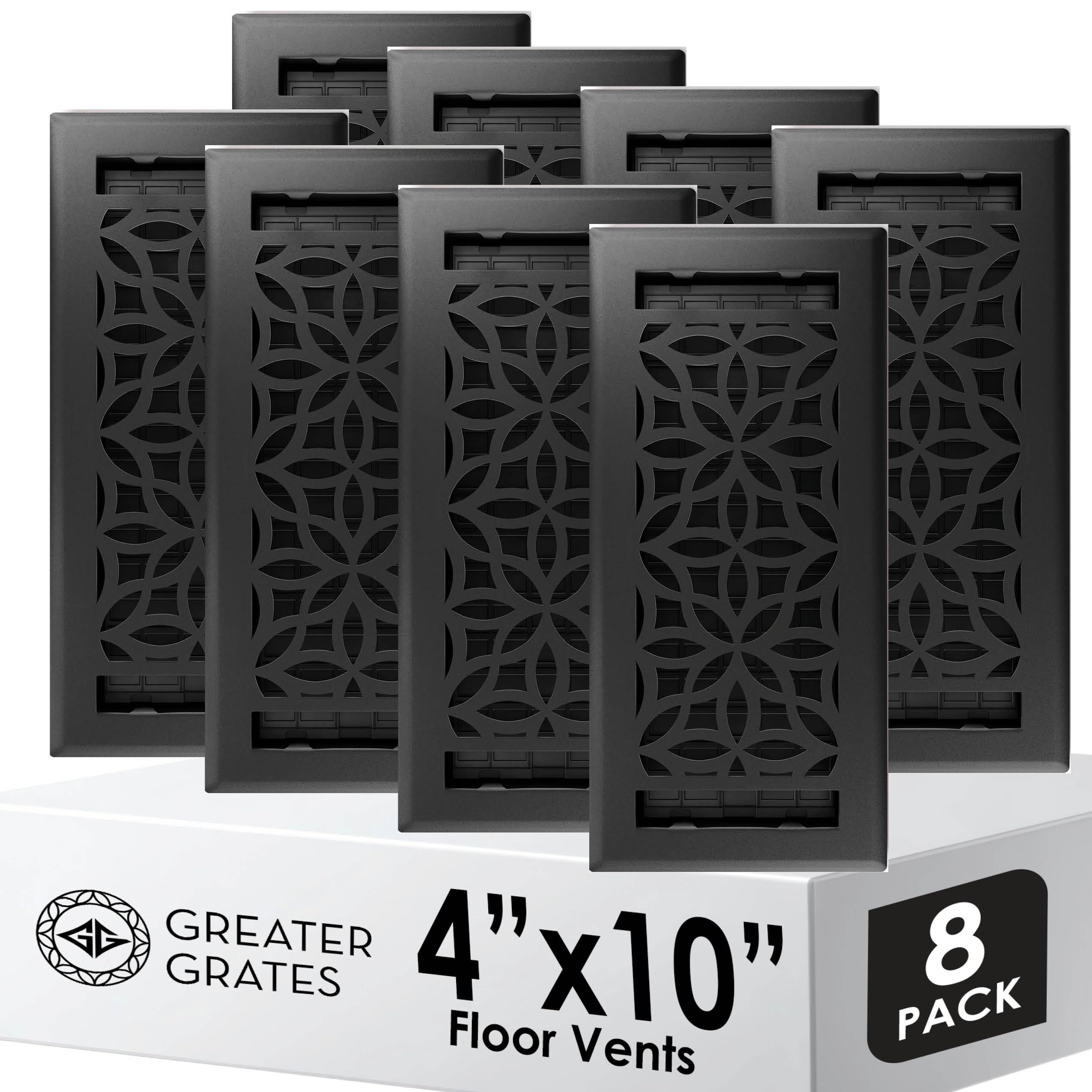 Floor Vent Covers – 4x10 Floor Register – 8 Pack – Heavy-Duty Steel, Rustproof & Walkable Grates, Drop-in Install, Adjustable Airflow – Decorative Floral Design, Textured Black