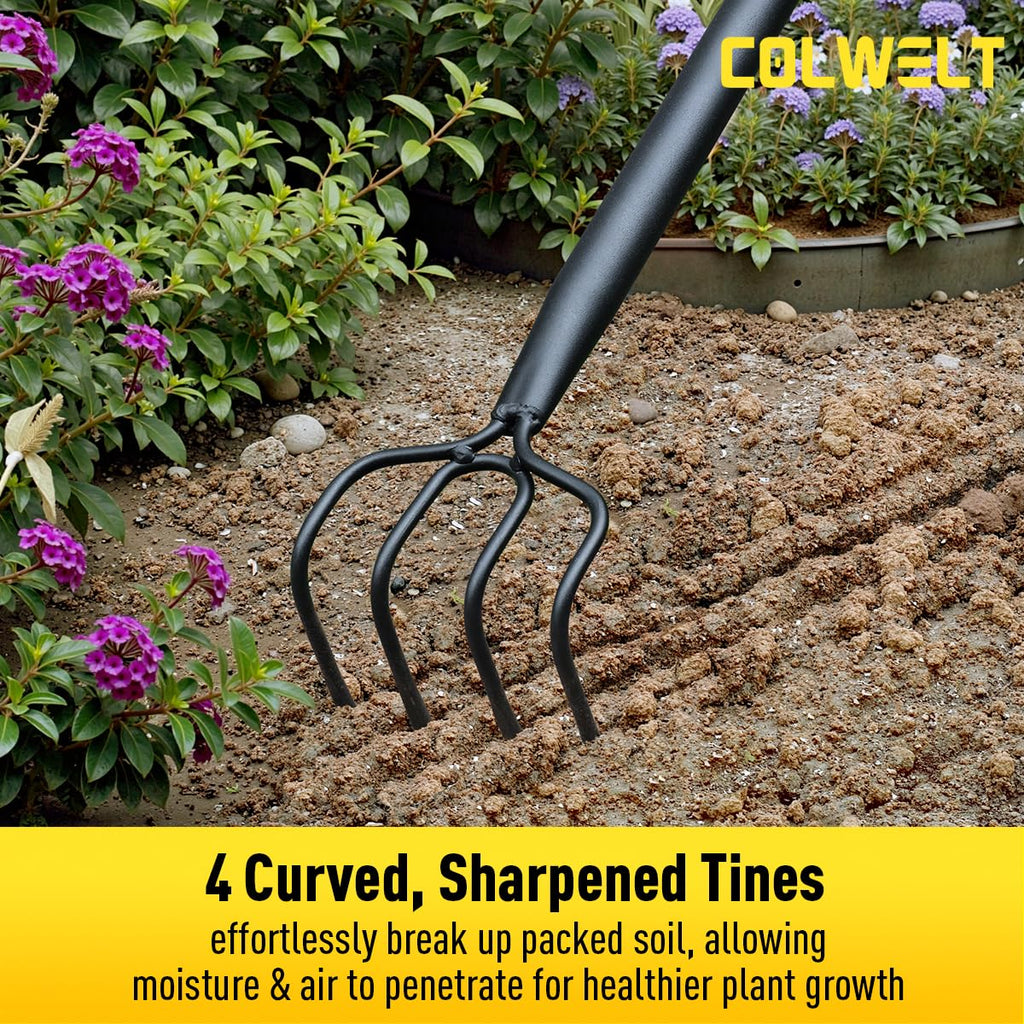 Colwelt 4 Tines Garden Cultivator Rake 59'', Hand Tiller Garden Tool with Sharp Forged Steel Head, 4 Tine Cultivators for Gardening with Long Handle, 4 Prong Rake for Digging Loosening Weeding