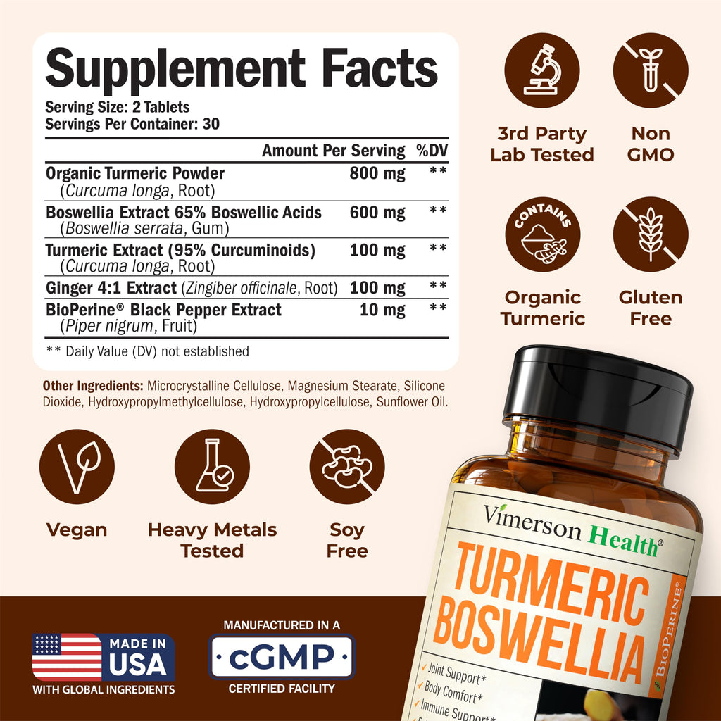 Turmeric Curcumin Supplement with Boswellia Serrata, Ginger Root, Organic Turmeric Powder & Bioperine for Max Absorption - 95% Curcuminoids Turmeric Supplement - 60 Tumeric Boswellia Extract Tablets
