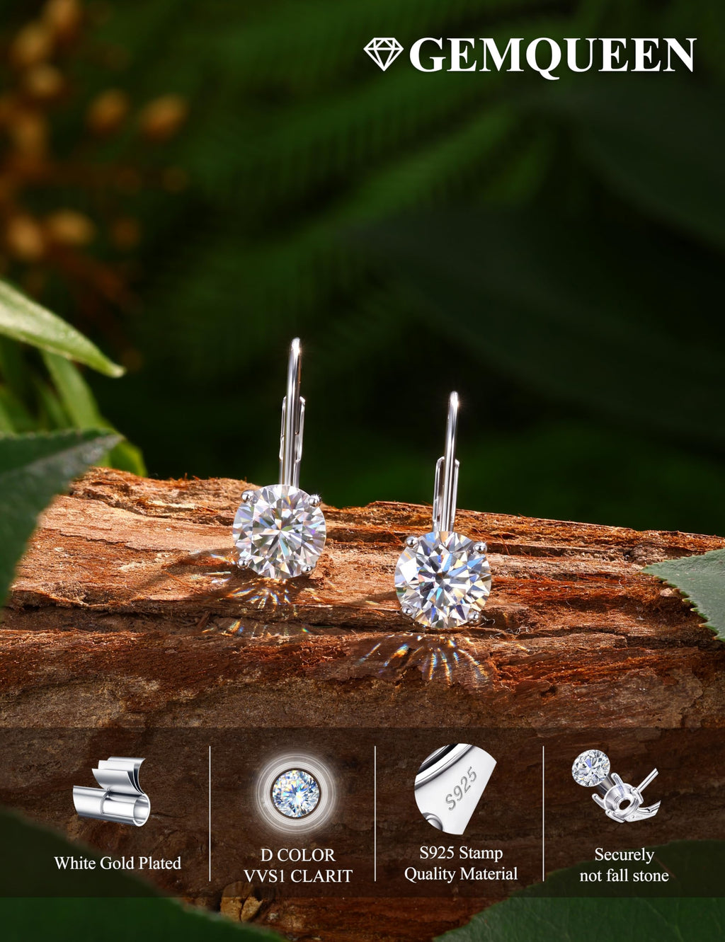 GEMQUEEN Moissanite Leverback Earrings 925 Sterling Silver 2CT