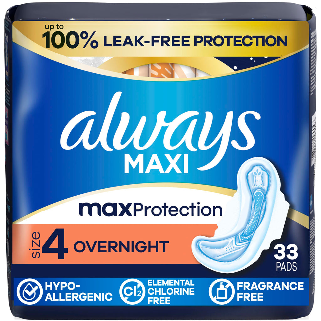 Always Maxi Overnight Pads with Wings for Women, Size 4, Overnight Absorbency, Unscented, 33 Count