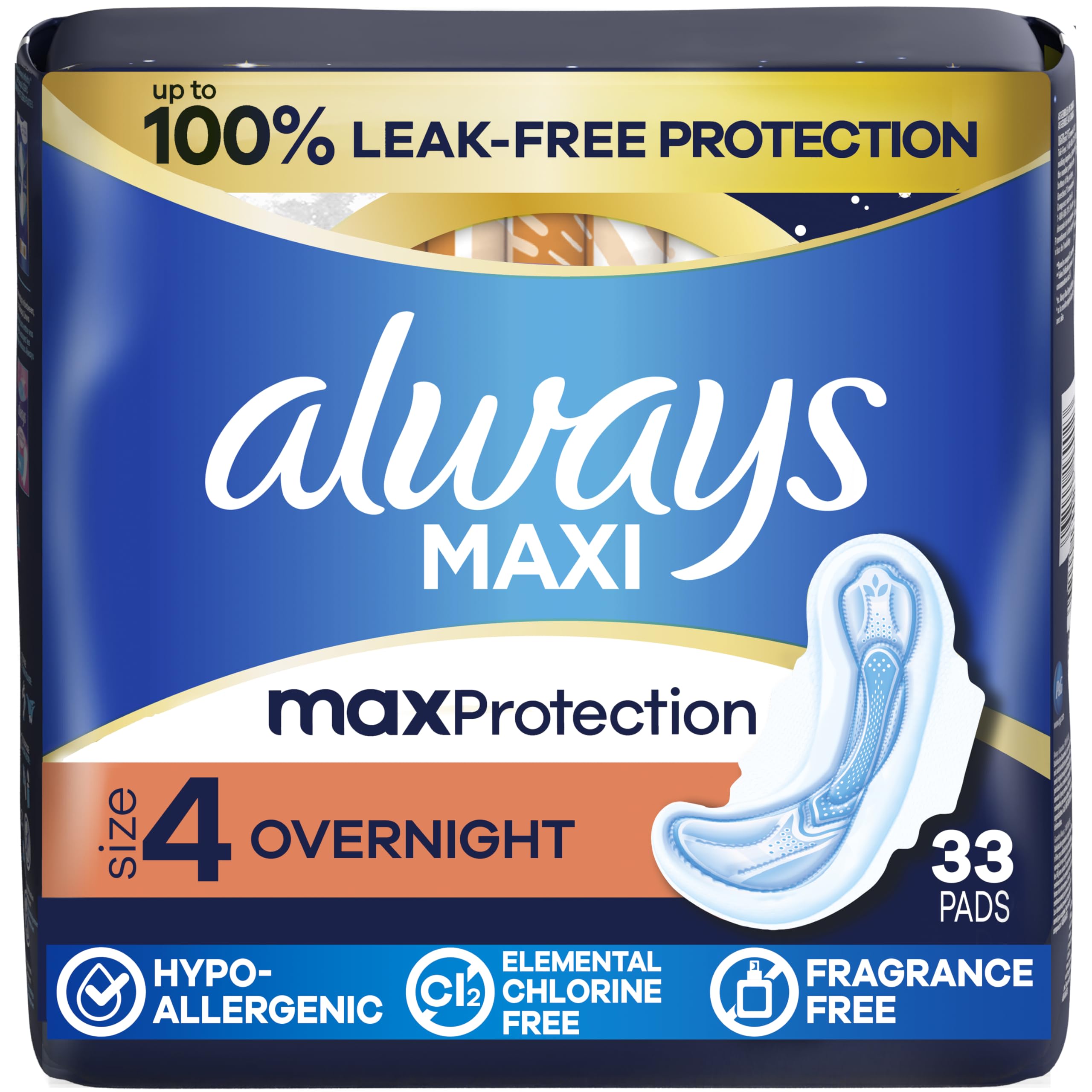 Always Maxi Overnight Pads with Wings for Women, Size 4, Overnight Absorbency, Unscented, 33 Count