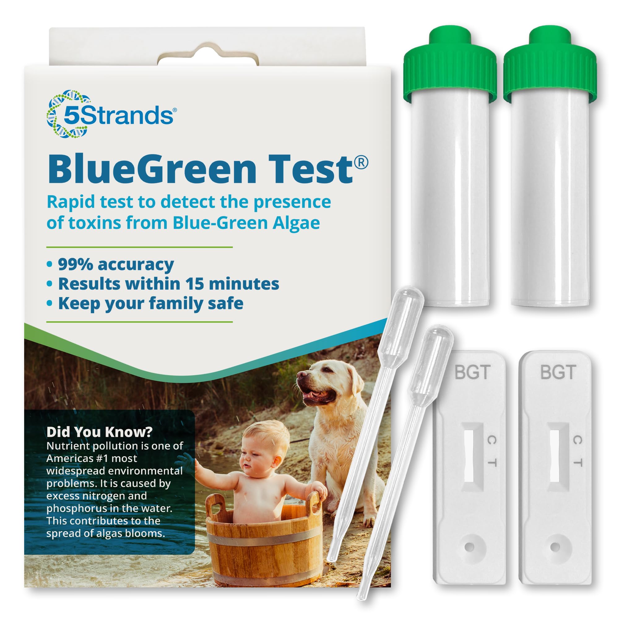 5Strands Blue Green Algae Test Kit (2 Pack), On Site Lake & Pond Water Testing, Water Safety Test, Algae Detection, Fast 15 Minute Results