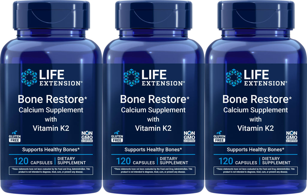 Life Extension Bone Restore Calcium Supplement with Vitamin K2, 120 Capsules (Pack of 3)
