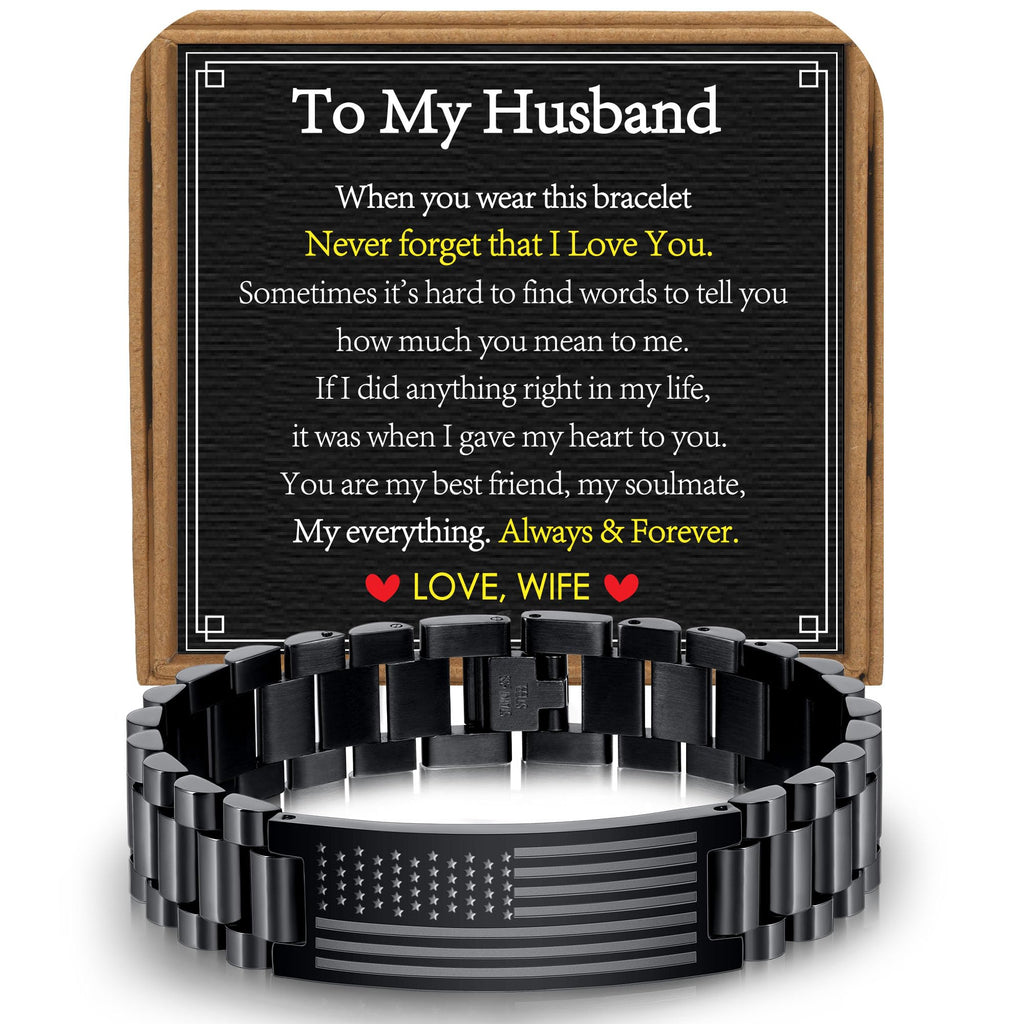 VULETO Fathers Day Gift for Husband from Wife, To My Husband Stainless Steel American Flag Watch Link Bracelet Birthday Anniversary Military Unique Valentines Christmas Jewelry Gifts Presents for Him Men Male Love
