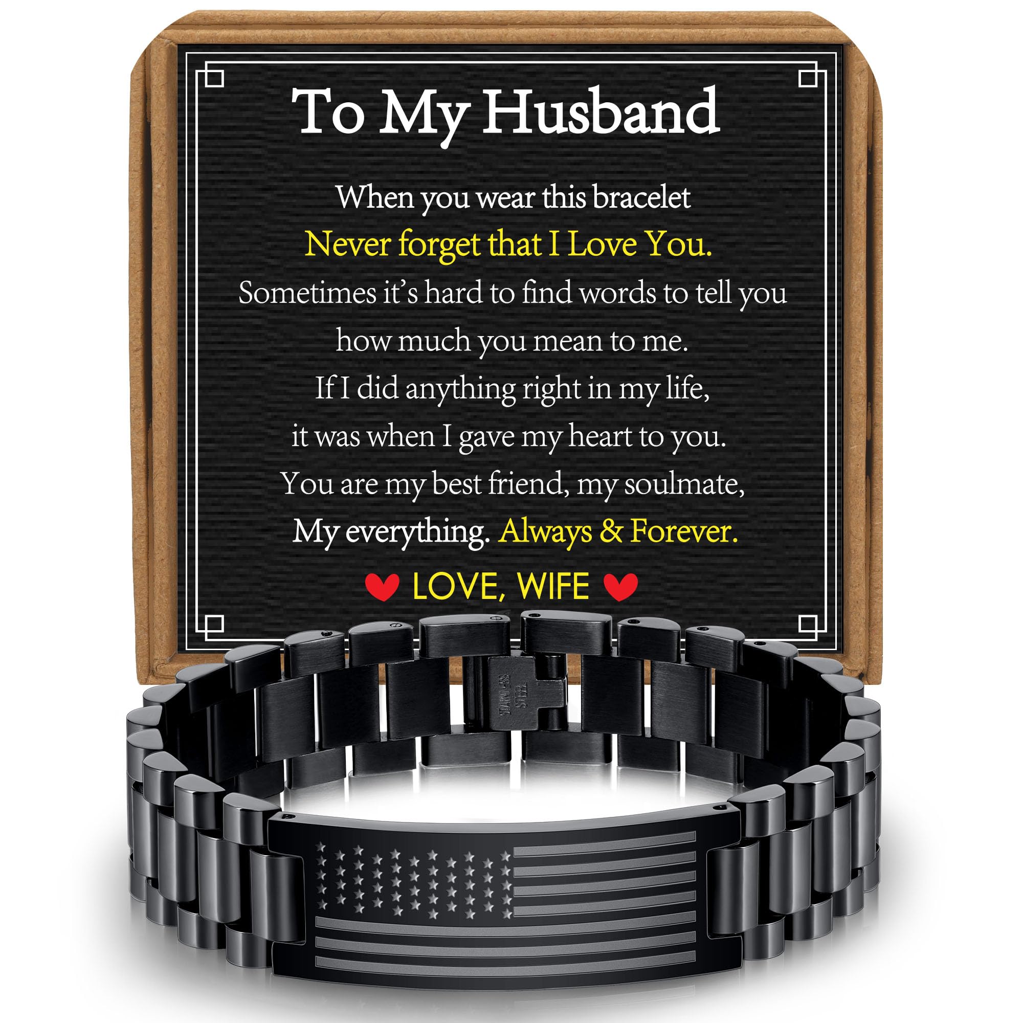 VULETO Fathers Day Gift for Husband from Wife, To My Husband Stainless Steel American Flag Watch Link Bracelet Birthday Anniversary Military Unique Valentines Christmas Jewelry Gifts Presents for Him Men Male Love