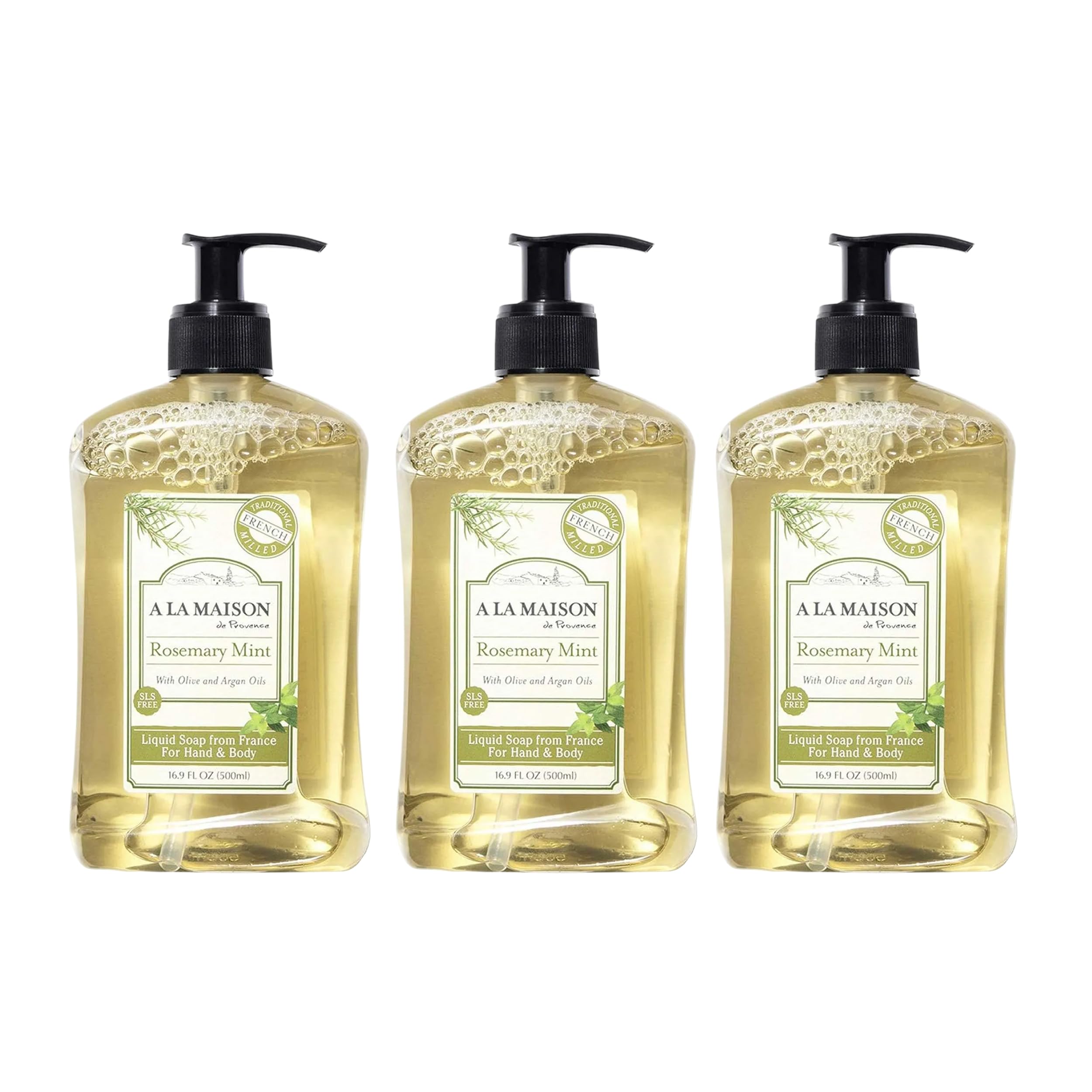 A LA MAISON Rosemary Mint French Liquid Hand Soap - Natural Hand Wash Made with Essential Oils - Biodegradable, Plant-Based, Vegan, Cruelty-Free, Alcohol & Paraben Free (16.9 oz, 3 Pack)