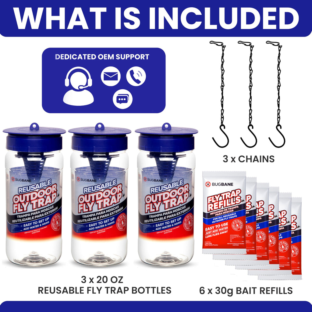 3 Fly Traps Outdoor Fly Trap for Patio with 6 Non-Toxic Dissolvable Bait Refills. Reusable Hanging Bug Catcher Killer for All Filth Flies for Outside Bug Control Yard Ranch. Hanging Chains Included.
