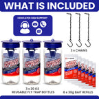 3 Fly Traps Outdoor Fly Trap for Patio with 6 Non-Toxic Dissolvable Bait Refills. Reusable Hanging Bug Catcher Killer for All Filth Flies for Outside Bug Control Yard Ranch. Hanging Chains Included.
