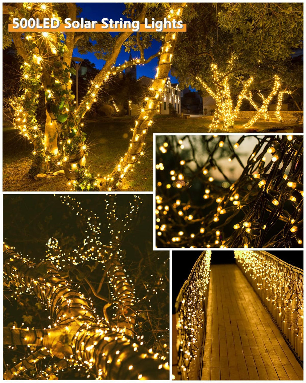 KAQ Solar String Lights Outdoor 2Pack 500LED 180FT Waterproof Warm White