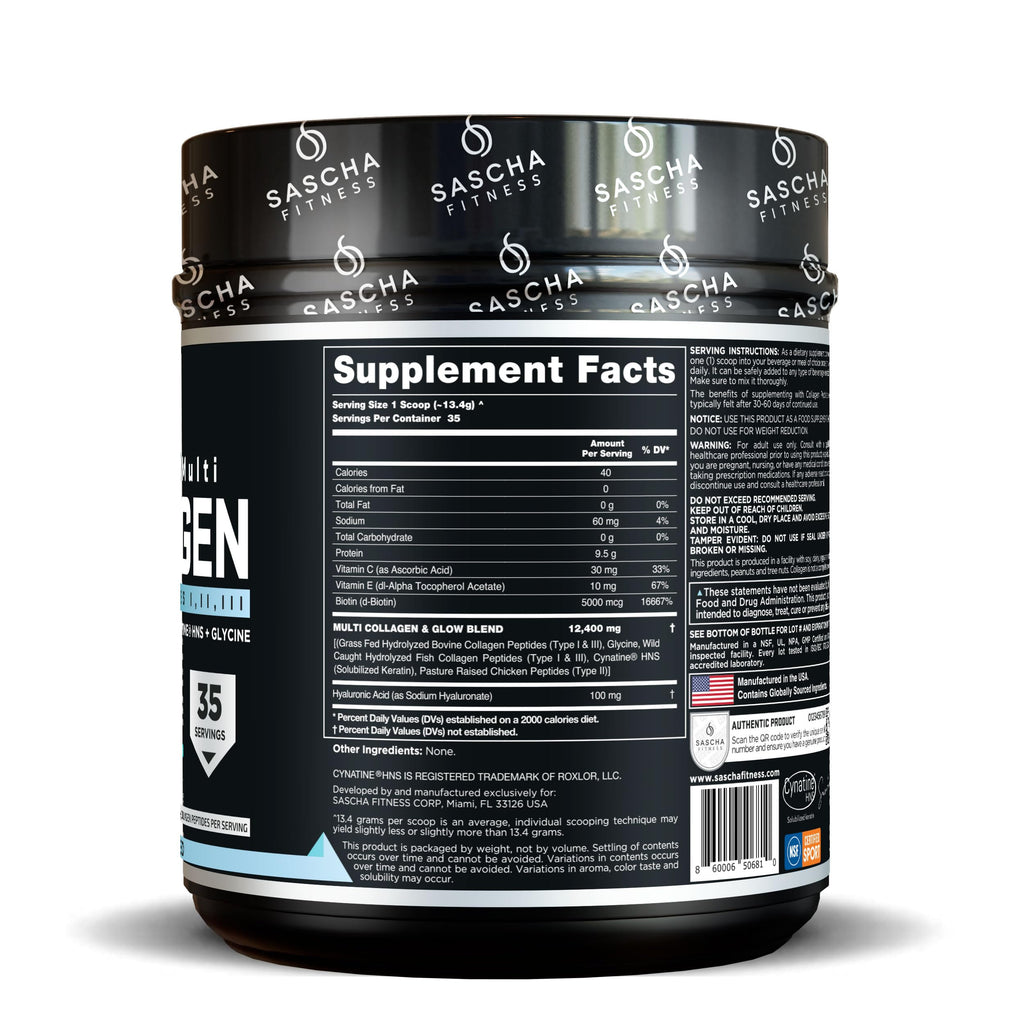 SASCHA FITNESS Hydrolyzed Multi Collagen Peptides Tipes 1,2 & 3 |Hyaluronic Acid|Biotin |Cynatine HSN|Vitamin C & E |for Hairs, Skin & Bone Support| Unflavored
