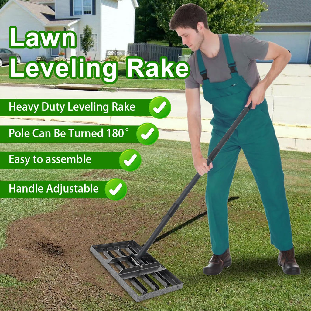 Lawn Leveling Rake 17"x10",Lawn Leveling Tool with 68" Long Adjustable Stainless Steel Handle for Leveling Soil,Grass,Sand or Dirt,Heavy Duty Lawn Leveler for Backyard,Garden,Golf Course,Farm,Pasture
