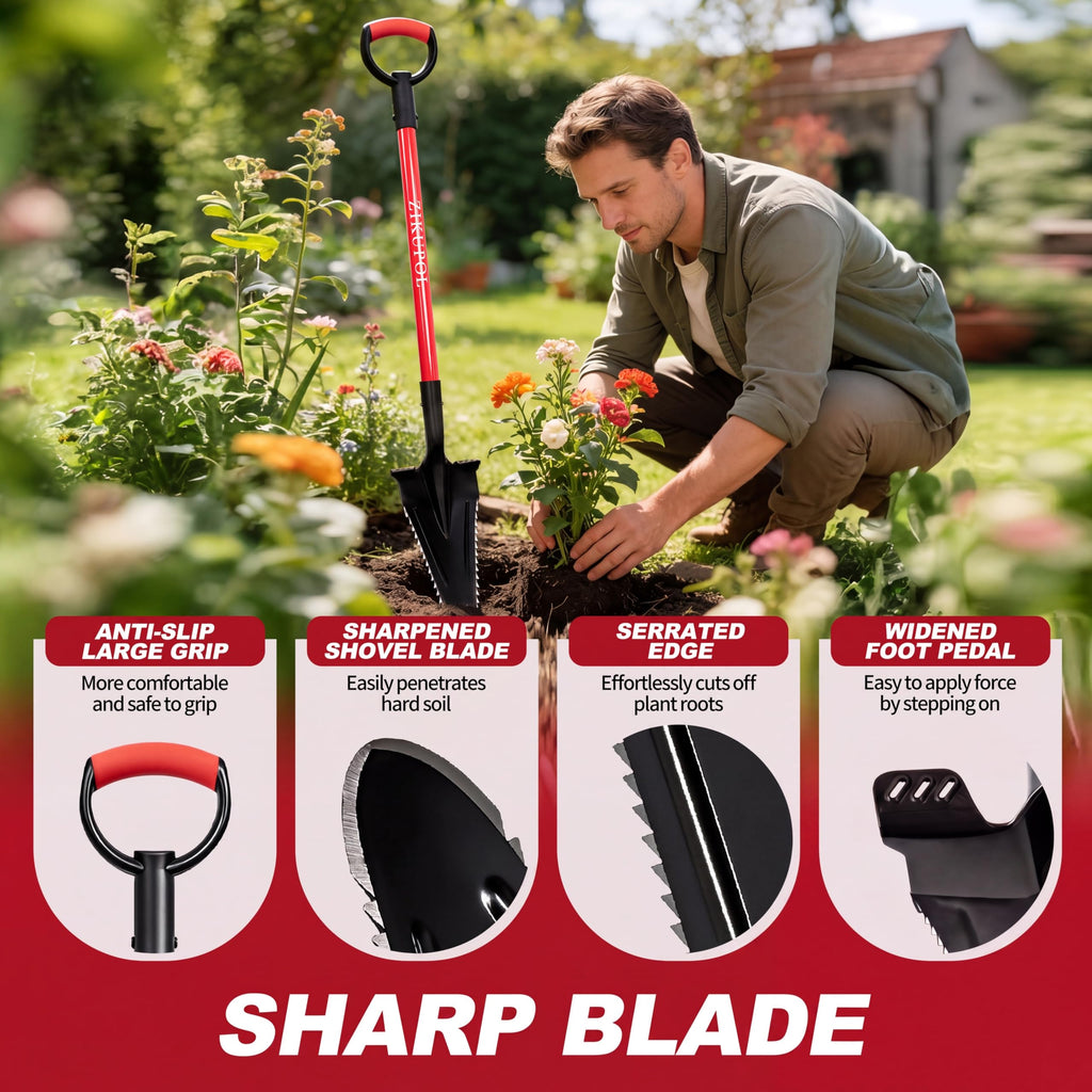 ZIKUPOL Root Shovel Garden Spade Shovel with Double Serrated Blades for Trenching, Digging,Planting,Metal Detecting,46 Inches