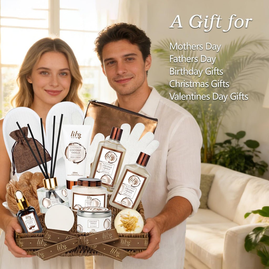 Coconut Vanilla Spa Gift Set, Complete Spa Gift Baskets for Women & Men