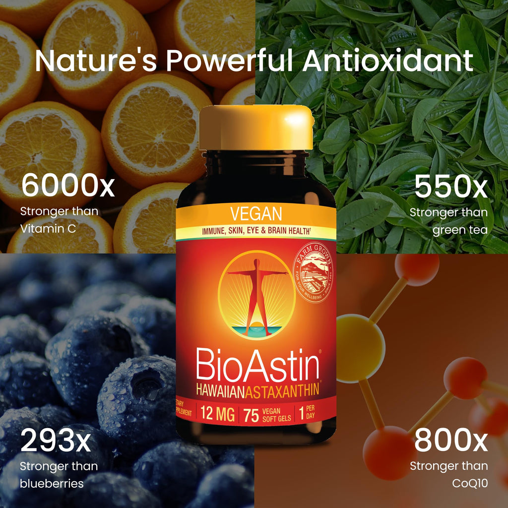 Nutrex Hawaii Vegan BioAstin Hawaiian Astaxanthin - 12mg, 75 Softgels - Farm-Direct Premium Antioxidant Supplement to Support Eye, Skin, Joint & Immune System Health - Non-GMO & Gluten-Free