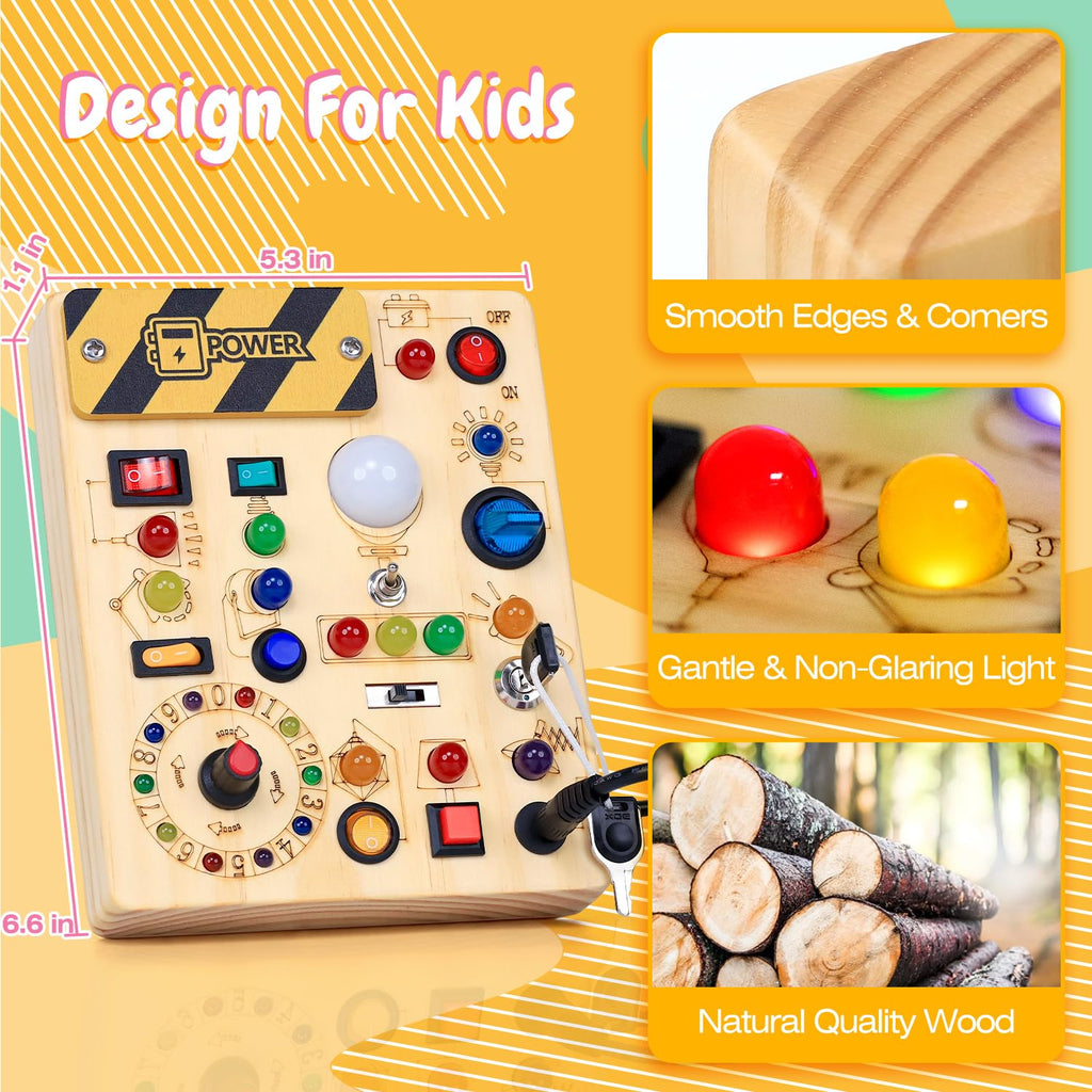 Busy Board with LED Light Switches, Montessori Toys for 1 2 3 Years Old, Toddlers Wooden Toy Sensory Activity Board, Travel Toys for 1+ Year Old Boy & Girl Birthday Gift