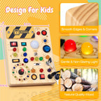 Busy Board with LED Light Switches, Montessori Toys for 1 2 3 Years Old, Toddlers Wooden Toy Sensory Activity Board, Travel Toys for 1+ Year Old Boy & Girl Birthday Gift