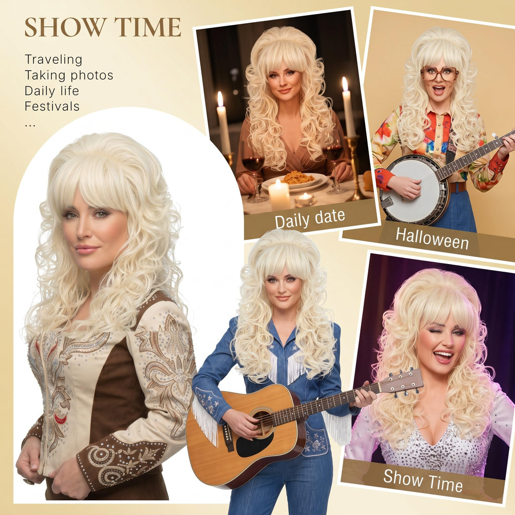 Long Big Blonde Curly Wig with Bangs for Women Costume, 24 Inch Wavy Hair