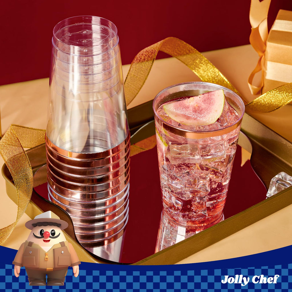 JOLLY CHEF 12 oz Rose Gold Plastic Cups Tumblers 100 Pack Disposable Clear