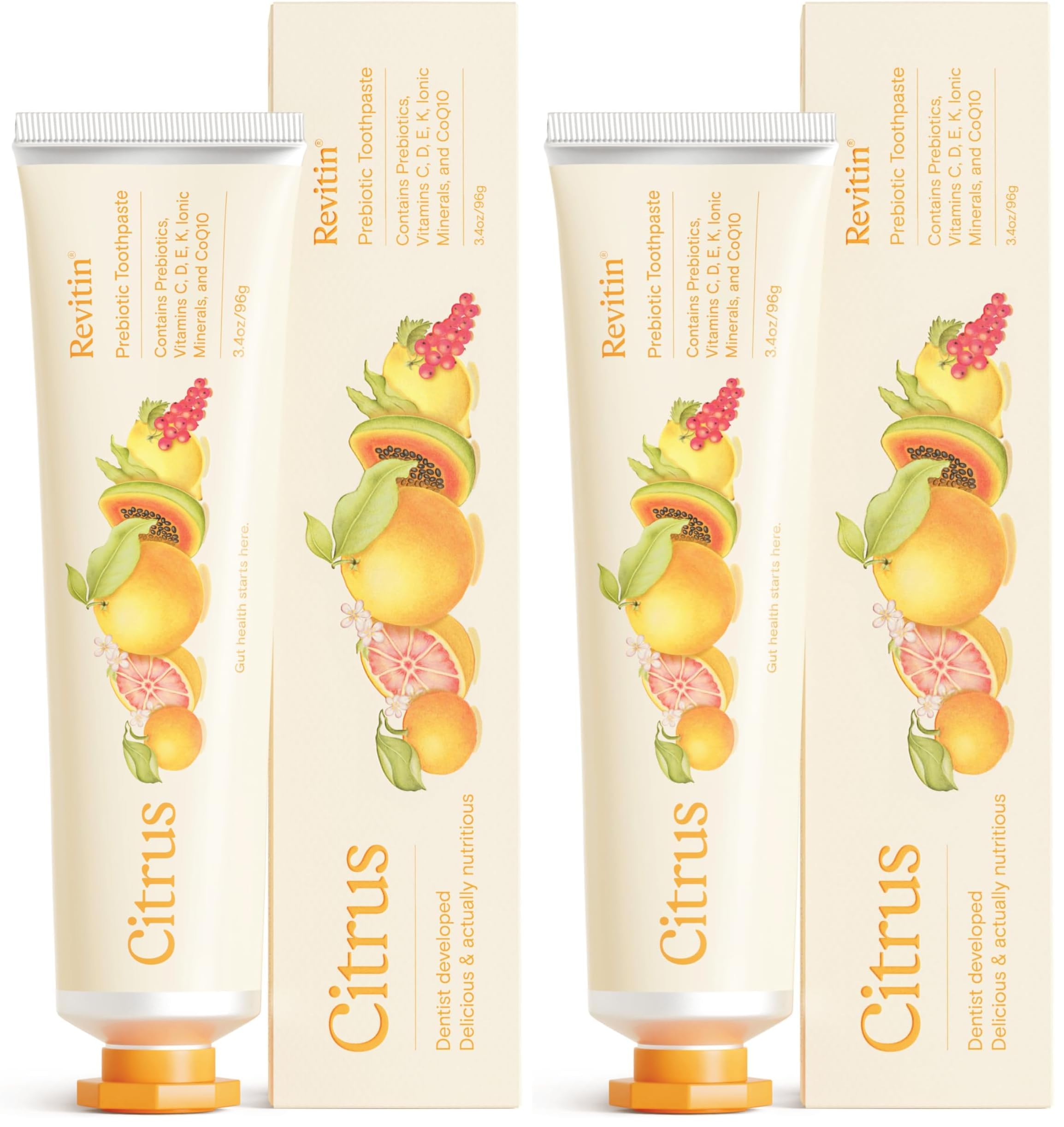 Revitin Toothpaste | Fluoride-Free Prebiotic Citrus Tooth Gel | No SLS, Gluten Free, Dye Free, GMO Free, No Sweeteners | Non-Toxic, Kid Approved (Pack of 2)