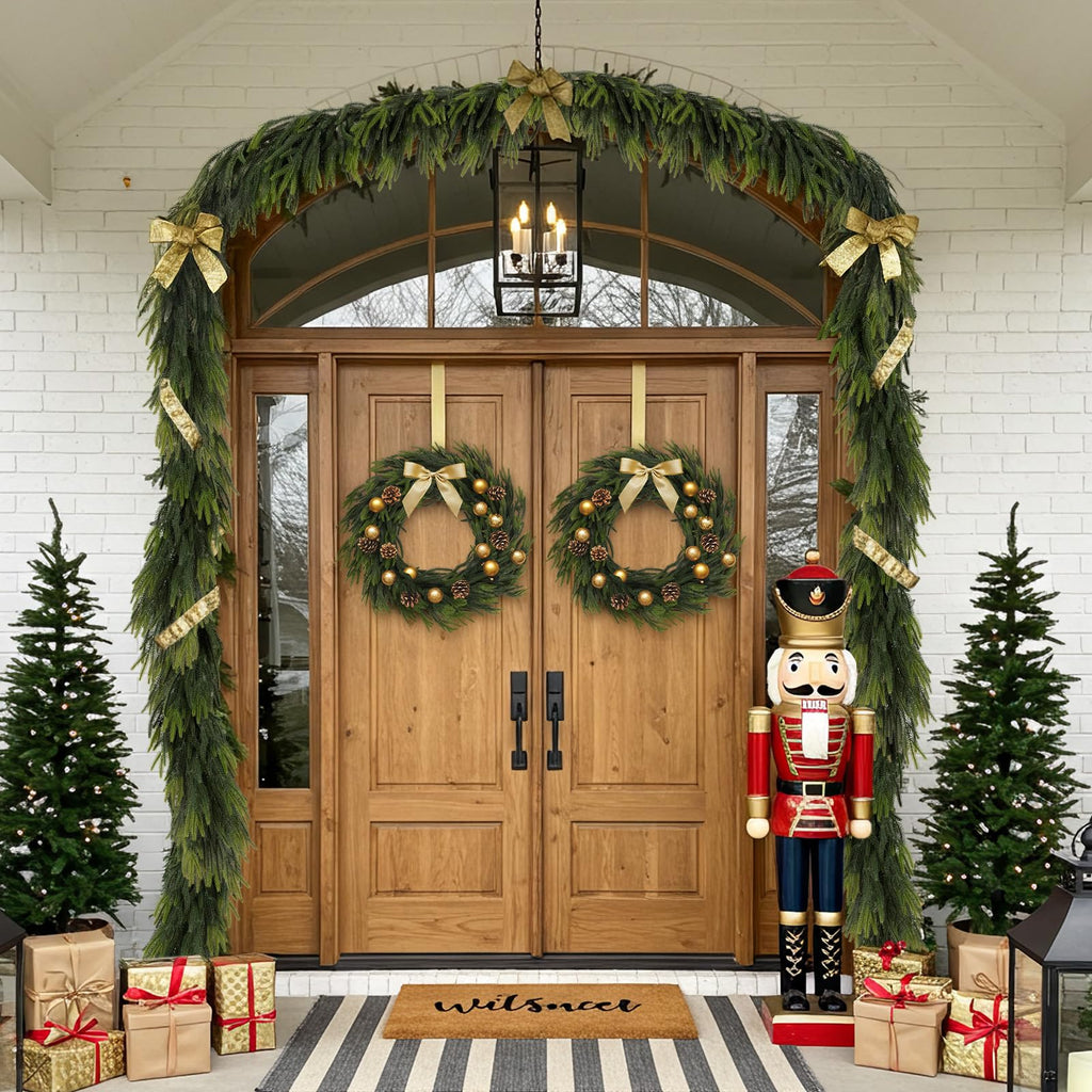 N&T NIETING 9FT Christmas Norfolk Pine Garland Real Touch Artificial Greenery Garlands Faux Winter Garland for Mantle Fireplace Table Stair Front Door Indoor Outdoor Holiday Xmas Decorations (1 Pcs)