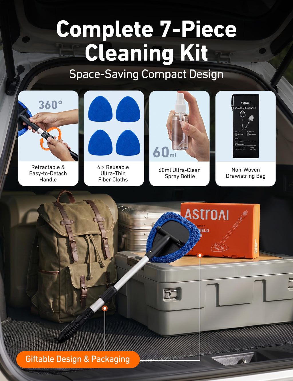 AstroAI Windshield Cleaner Tool & Car Interior Detailing Kit, Blue, 21 in