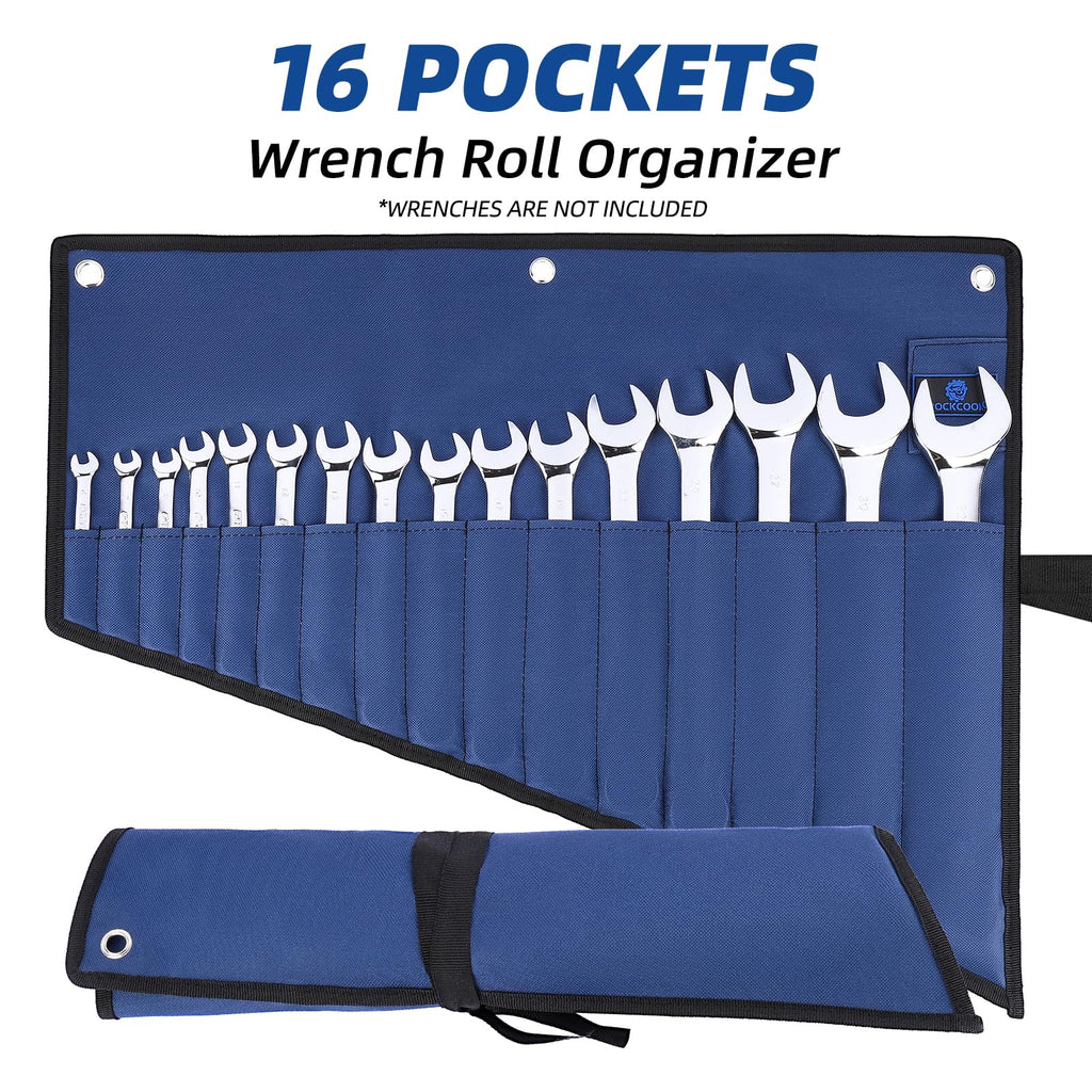 ROCKCOON 16 Pockets Wrench Roll Organizer (Blue+Green)